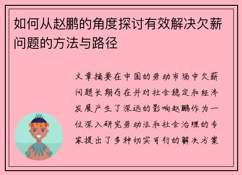 如何从赵鹏的角度探讨有效解决欠薪问题的方法与路径